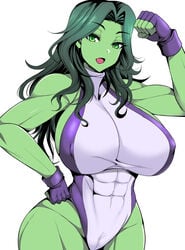 1girls abs avengers big_breasts cameltoe clothed_female female female_only fingerless_gloves flexing_bicep gloves green_eyes green_skin hips hourglass_figure huge_breasts hulk_(series) large_breasts leotard long_hair marvel marvel_comics muscular_female nipple_bulge nishida_megane she-hulk slim_waist solo solo_female superheroine voluptuous voluptuous_female wide_hips