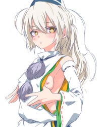 betuni blush exposed_nipples exposing female hat long_hair looking_at_viewer mononobe_no_futo nipples no_bra serious small_breasts solo touhou white_background white_hair white_pupils yellow_eyes