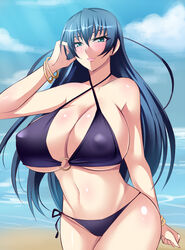 beach big_breasts bikini black_lilith blue_hair bracelet clothed_female female female_focus female_only huge_breasts igawa_asagi lilith-soft long_hair nipples nipples_visible_through_clothing nishida_megane solo solo_female solo_focus tagme taimanin_(series) taimanin_asagi