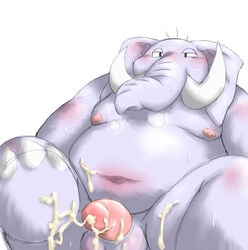 2011 anthro balls belly blush bodily_fluids chiro_(artist) cum cum_on_leg elephant elephantid genital_fluids genitals kemono male male_only mammal moobs navel nipples overweight overweight_anthro overweight_male penis proboscidean simple_background solo white_background