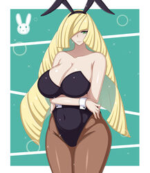 1girls big_breasts blonde blonde_hair bunny_ears bunny_girl bunnysuit coresix female green_eyes hair_ornament half-closed_eyes huge_breasts huge_thighs large_breasts lusamine_(pokemon) mature_female milf mother nintendo pantyhose pokemon pokemon_sm smile standing thick_thighs wide_hips