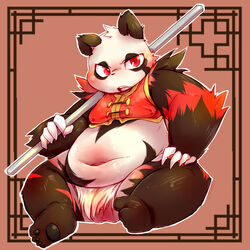 1:1 2012 anthro balls belly black_body black_fur chiro_(artist) clothed clothing fanfan fur genitals giant_panda kemono loincloth male male_only mammal navel red_body red_eyes red_fur slightly_chubby solo ursid white_body white_fur