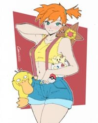 2019 belly_button black_eyebrows curvy curvy_female ears embarrassed eyebrows eyelashes female green_eyes gym_leader hand_on_neck human light-skinned_female looking_at_viewer mcharltonq misty_(pokemon) nintendo orange_hair pokeball pokemon pokemon_rgby posing psyduck shorts simple_background smiling staryu thick_thighs togepi yellow_shirt