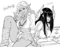 2girls bb_(baalbuddy) black_and_white black_hair bra dark-skinned_female dark_elf dark_hair demon_horns ear_piercing elf elf_ears english_text fujoshi glasses gyaru highres horns leg_warmers leopard_print long_hair monochrome necklace pointy_ears shoes succubus tagme track_jacket white_background white_skin wings