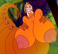 bartok_the_magnificent blonde_hair breasts crown don_bluth dragon drawsputin earrings female human hybrid ludmilla_(bartok) nipples smile tail transformation veil