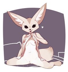 <3 2020 aggressive_retsuko anthro bottomless breasts canid canine clothed clothing clothing_lift crotch_tuft female female_only fennec fenneko fox fur furry furry_only genitals heart hi_res inner_ear_fluff junyois looking_at_viewer mammal navel nipples open_mouth open_smile partially_clothed pussy sanrio shirt shirt_lift smile smooth_skin solo solo_female tail tan_body tan_fur topwear tuft