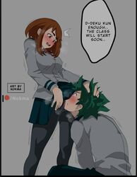 1boy 1girls blush brown_eyes brown_hair clothing cunnilingus female freckles green_eyes green_hair hand_on_head izuku_midoriya leggings licking_pussy looking_down looking_up my_hero_academia nokma ochako_uraraka oral_sex pantyhose school_uniform skirt speech_bubble u.a._school_uniform