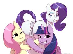 2020 alicorn animal_genitalia animal_pussy anus ass blue_eyes dock equid equine equine_anus equine_pussy eyebrows eyelashes female female/female feral feral_on_feral fluttershy_(mlp) friendship_is_magic fur genitals grin group hair hasbro holding_up horn looking_at_viewer looking_back mammal my_little_pony pegasus pink_hair purple_body purple_eyes purple_fur purple_hair pussy rarity_(mlp) rear_view shocked simple_background smile tentacless twilight_sparkle_(mlp) unicorn watermark white_background white_body white_fur wings yellow_body yellow_fur yuri