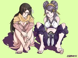 2girls barefoot big_breasts brown_eyes brown_hair cleavage clothed cum cum_on_feet feet fire_emblem fire_emblem_fates kagero_(fire_emblem) large_breasts long_hair multiple_girls nintendo one_eye_covered orochi_(fire_emblem) purple_eyes purple_hair scarf szeroart thighs