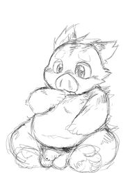 2011 anthro balls belly blush chiro_(artist) flaccid genitals kemono male male_only mammal monochrome penis simple_background sitting slightly_chubby solo suid suina sus_(pig) white_background wild_boar young