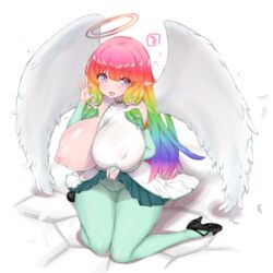 angel angel_wings bea_(adfhbcf4326) beauty_mark choker detached_sleeves dress elf eonbound exposed_breasts female gigantic_breasts goddess halo high_heels hime_cut huge_breasts lactation large_breasts long_hair milf milk multicolored_hair one_breast_out pantyhose pink_eyes pointy_ears rainbow_hair sleeveless solo wings xaessya