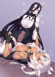 2girls absurdres areola_slip areolae arm_grab bandaged_chest battleship_hime black_gloves black_nails blush breast_grab breasts censored chest_wraps cleavage clothed_sex clothing covered_nipples cowgirl_position cross_section cum cum_in_pussy cum_in_uterus cum_inside dark-skinned_futanari dark_skin demon_girl evuoaniramu eyewear_on_head female female_on_top female_only femdom fingerless_gloves futa_on_female futa_with_female futanari futasub glasses gloves grabbing hair_between_eyes heart heart-shaped_pupils highres horn horns humanoid internal_cumshot interracial kantai_collection large_breasts long_hair looking_at_another lying mizuumi_(bb) mosaic_censoring multiple_girls musashi_(kantai_collection) muscular_futanari nail_polish on_back oni oni_horns open_mouth pale-skinned_female pale_skin penetration penis pink_eyes purple_background pussy red_eyes riding see-through sex simple_background spread_legs straddling sweat symbol-shaped_pupils translucent twintails uterus vaginal vaginal_penetration white_skin x-ray yuri