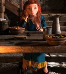 1girls 3d barefoot blue_eyes brave breasts disney disney_princess dress errbee feet female female_only flashing highres looking_at_viewer merida nipples pixar princess red_hair shoes shoes_removed sitting smile solo tavern toes