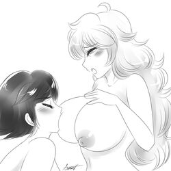 2girls areolae breast_sucking breasts closed_eyes female huge_breasts incest long_hair monochrome nipples nude nude_female open_mouth ruby_rose rwby short_hair sisters yang_xiao_long yuri