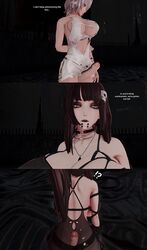 2girls black_hair buttjob choker code_vein covered_buttjob dialogue futanari goth huge_ass huge_cock indoors io_(code_vein) makeup original_character piercing rape revealing_clothes screencap tight_clothing white_hair