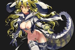 arknights belt breasts brown_eyes crocodile_tail estelle_(arknights) gloves green_hair horn horns lactation leather_jacket long_hair pubic_hair pubic_tuft pussy pussy_juice scar