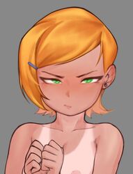 1girls angry ben_10 blush bound bound_wrists cropped cute female female_only ginger green_eyes gwen_tennyson light_skin looking_at_viewer mayhem_(artist) nipples orange_hair short_hair skinny small_breasts solo tagme tanline teenager