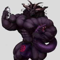 4_horns 5_fingers abs anthro balls_outline beverage_can biceps big_bulge big_muscles biped black_hair body_hair bovid bulge caprine claws clothed clothing dark_body demon digital_media_(artwork) fingers genital_outline goat grey_background grin hair hand_on_tail holding_object horizontal_pupils horn huge_bulge huge_muscles humanoid_hands hyper hyper_muscles living_tail looking_at_viewer male male_only mammal multi_horn muscular muscular_anthro muscular_male nipples oldshep open_mouth pecs penis_outline pentagram pupils purple_body purple_scales quads red_eyes reptile scales scalie simple_background smile snake snake_tail solo solo_focus standing teeth topless topless_male