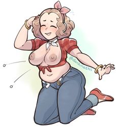 1girls atlus bbw big_breasts blush breasts breasts_out brown_hair chubby cosplay crossover cruiser_d.va d.va_(cosplay) dankmaths female female_only haru_okumura megami_tensei overwatch persona persona_5 persona_5_royal popped_button tummy