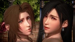 2girls 3d aerith_gainsborough black_hair brown_hair final_fantasy final_fantasy_vii final_fantasy_vii_remake green_eyes lange1 long_hair looking_at_viewer red_eyes saliva_trail tifa_lockhart