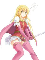 !! 1girls blonde_hair boots cameltoe cape elbow_gloves female fire_emblem fire_emblem:_genealogy_of_the_holy_war gloves konimaru lachesis_(fire_emblem) long_hair miniskirt nintendo panties pantyshot pantyshot_(standing) pink_footwear pink_legwear skirt solo standing sword tabard thighhighs thighs underwear upskirt weapon white_panties wind wind_lift yellow_eyes