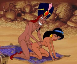 1boy 1girls aladdin all_fours crying disney disney_princess doggy_style drachenberg forced from_behind highres imminent_rape jafar magic_carpet nipples nude on_floor penis princess_jasmine rape restrained tears