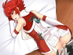 anus ass bed big_ass blush censored corrin_(fire_emblem) corrin_(fire_emblem)_(male) female fire_emblem fire_emblem_fates hinoka_(fire_emblem) hou_(hachiyou) nintendo panty_pull pussy red_eyes red_hair short_hair short_red_hair vaginal_penetration vaginal_sex white_panties