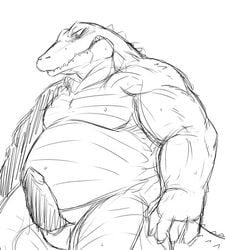 2015 anthro blush chiro_(artist) crocodile crocodilian crocodylid erection genitals kemono male male_only monochrome moobs overweight overweight_anthro overweight_male penis reptile scalie simple_background solo white_background