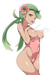 1girls bad_id bangs bare_shoulders blush breasts breasts_out covered_navel dark_skin eyebrows_visible_through_hair female flower green_eyes green_hair hair_flower hair_ornament lactating lactation long_hair long_twintails looking_at_viewer mallow_(pokemon) medium_breasts nintendo nipples one-piece_swimsuit open_mouth pink_swimsuit pokemon pokemon_sm puffy_nipples simple_background solo swimsuit teeth thighs trial_captain twintails white_background zootan