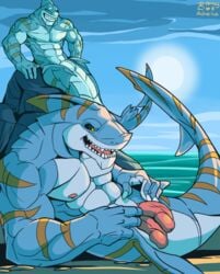 abs anthro barazoku biceps diphallia diphallism duo fish genitals humanoid_genitalia humanoid_penis looking_at_viewer male male_only marine merfolk mermay multi_genitalia multi_penis muscular muscular_anthro muscular_male nipples pecs penis rickleone shark triton