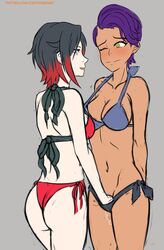 ass bikini black_hair blush green_eyes hand_in_another's_panties hand_in_bikini icesticker nebula_violette one_eye_closed pale-skinned_female pale_skin purple_hair red_hair ruby_rose rwby short_hair silver_eyes smile tan-skinned_female tan_skin