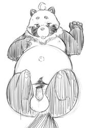 2015 anthro balls canid canine chiro_(artist) erection genitals kemono male male_only mammal monochrome moobs overweight overweight_anthro overweight_male penis raccoon_dog simple_background solo tanuki tongue tongue_out white_background