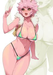 areola_slip areolae black_sclera cleavage dark_sclera huge_breasts looking_at_viewer micro_bikini mina_ashido minakami minakami_(flyingman555) my_hero_academia peace_sign pink_hair pink_skin short_hair solo_female sweat thick_thighs