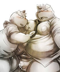 2015 anthro blush bodily_fluids bulge canid canine canis chiro_(artist) clothing domestic_dog duo genital_fluids kemono male male/male mammal moobs necktie nipples overweight overweight_male precum shirt topwear underwear