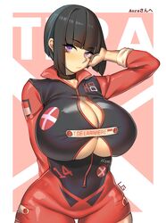 1girls aurahack big_breasts black_hair bob_cut breasts breasts_bigger_than_head brown_hair cleavage curvy female huge_breasts large_breasts looking_at_viewer outfit purple_eyes racing_suit short_hair tera_(aurahack) thick_thighs tight_clothes underboob