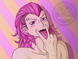 1boy danganronpa danganronpa_2:_goodbye_despair earrings gesture jewelry kazuichi_souda male_only naughty_face nose_piercing open_mouth piercing pink_eyes pink_hair screw sharp_teeth smooth_skin solo_male souda_kazuichi spicyshark teeth tongue tongue_out tongue_piercing v