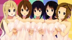 5girls amasora_taichi azusa_nakano_(k-on!) cleavage cute dress female female_only hi_res holding_hands k-on! large_breasts lingerie mio_akiyama_(k-on!) multiple_girls ritsu_tainaka_(k-on!) see-through see-through_clothing tsumugi_kotobuki_(k-on!) yui_hirasawa_(k-on!)