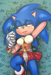 2020 anthro armor blue_body blue_fur blush bottomwear breasts clothed clothing clover dress eulipotyphlan female footwear four_leaf_clover fur gauntlets genderswap gloves green_eyes half-closed_eyes hand_behind_head handwear hedgehog hi_res holding_object krazyelf laying_down looking_at_object lying mammal medium_breasts narrowed_eyes on_back on_grass on_ground open_mouth partially_visible_genitals raised_arm raised_leg red_bottomwear red_clothing red_footwear red_topwear rule_63 smile solo sonic_(series) sonic_and_the_black_knight sonic_the_hedgehog sonic_the_hedgehog_(series) sonique_the_hedgehog spread_legs spreading tan_inner_eartop white_clothing white_footwear white_topwear yellow_clothing yellow_topwear