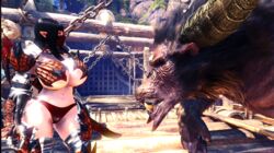 1girls 1monster 3d armor big_breasts hime_cut huge_breasts mask monster monster_hunter monster_hunter_world outdoors pointy_ears rajang rathalos_(armor) screencap skimpy_armor