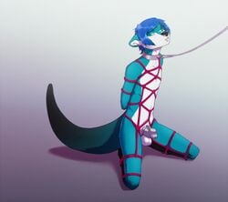 anthro bondage bound chastity_cage chastity_device collar fur hi_res kamikay lutrine male malesub mammal mokata multicolored_body multicolored_fur mustelid orgasm_denial punishment rope rope_bondage rope_harness slave solo solo_male