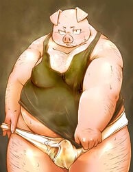 2015 anthro barely_visible_genitalia barely_visible_penis bodily_fluids bulge chiro_(artist) clothing domestic_pig fat genitals hairy hi_res kemono male male_only mammal obese obese_anthro obese_male overweight overweight_anthro overweight_male penis shirt solo suid suina sus_(pig) sweat topwear underwear