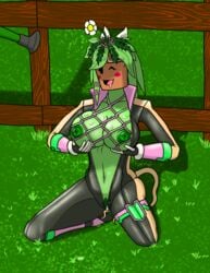 anthro big_breasts blaster_master bodysuit breasts clothed clothing elemental_creature elemental_humanoid eyewear female flora_fauna flower goggles grass green_body groodger holding_breast huge_breasts humanoid kanna_(blaster_master) kneeling mob_face navel nipples one_eye_closed plant plant_humanoid plantie pubes rubber rubber_suit smile solo tight_clothing video_games water wet wink zipper_down