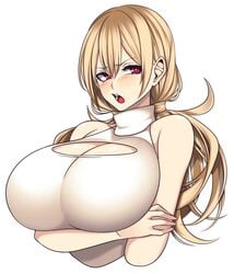 1girls angry angry_face big_breasts blonde_hair blush camui_kamui_(hz_666v) cleavage cute female female_only huge_breasts keyhole_sweater light-skinned_female light_skin looking_off_screen oko_(camui_kamui) open_mouth original red_eyes solo tsundere white_background