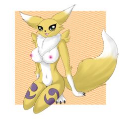 3_fingers 3_toes anthro areola arm_tuft black_nose cheek_tuft claws digimon digimon_(species) elbow_tufts facial_tuft female fingers fluffy fluffy_tail fur genitals hi_res kneeling leg_markings markings miragepotato navel neck_tuft nipples nude purple_markings pussy renamon shoulder_tuft simple_background smile solo toes tuft white_body white_fur yellow_body yellow_fur