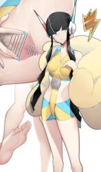 1girls arm_at_side bangs bar_censor bare_shoulders barefoot bike_shorts black_hair blue_eyes blue_nails blunt_bangs breasts censored close-up closed_mouth coat collarbone commentary_request elesa_(pokemon) elesa_(pokemon_bw2) feet female female_pubic_hair fur_coat gym_leader hand_up has_uncensored_version headphones highres inferior_version looking_to_the_side multiple_views nail_polish nintendo pokemon pokemon_bw2 pubic_hair pussy shiny shiny_hair short_hair_with_long_locks soles solo spread_pussy toes white_background yellow_coat yuuyuu_(yuuki1771)