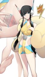 1girls aqua_nails black_hair blue_eyes blue_nails blush breasts censor_bar clothing dark_blue_hair elesa_(pokemon) female headphones inferior_version legs_together long_hair long_legs nail_polish nintendo pale-skinned_female pale_skin pokemon pokemon_bw pussy sha_(amfil100) solo spread_legs spread_pussy twintails wide_hips