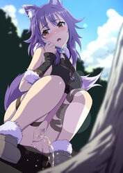 animal_ears anus blush brown_eyes censored exhibitionism eyebrows_visible_through_hair highres makoto_(princess_connect!) no_panties oerba_yun_fang open_mouth outdoor_pee outdoors peeing peeing_on_ground princess_connect! princess_connect!_re:dive purple_hair pussy sakamata_(sakamata4) sitting_pee tail urinating urinating_female urination urine urine_drip urine_stream