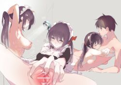 1boy 1girls azur_lane blush bottomless breast_press breasts brown_hair censored female glasgow_(azur_lane) green_eyes hair_ornament hairclip highres hug light-skinned_female light-skinned_male light_skin long_hair maid_dress maid_headdress pussy royal_navy_(azur_lane) showering spread_pussy suwakana twintails