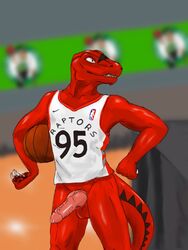 4_fingers anatomically_correct anthro ball balls basketball basketball_(ball) biceps claws clothed clothing dinosaur dromaeosaurid erection fangs fingers genitals hi_res jersey knot male markings mascot nba penis red_body reptile scale_markings scales scalie skunkhotel smile smooth_skin snout solo solo_male sport teeth text text_on_clothing text_on_topwear the_raptor theropod topwear toronto toronto_raptors