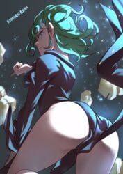 1girls animahakim ass butt curly_hair cute eyelashes female floating fringe from_behind glaring green_eyes green_hair looking_at_viewer looking_back looking_down night no_panties one-punch_man pale_skin short_hair skin_tight skinny small_ass tatsumaki teenager thighs viewed_from_below